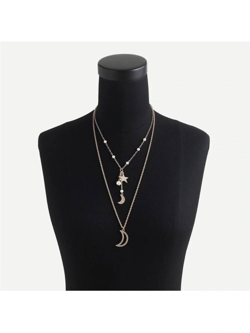 J. Crew Celestial Charm Gold Star & Moon Layered Necklace with Pearl Accents